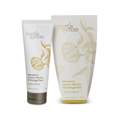 Mandarin_Hand_Cream_75ml_pack - Bloomin Boxes Two white hand cream tubes labeled Myrtle & Moss Mandarin, Lemon Myrtle & Orange Peel, with gold botanical illustration (one tube open at bottom).