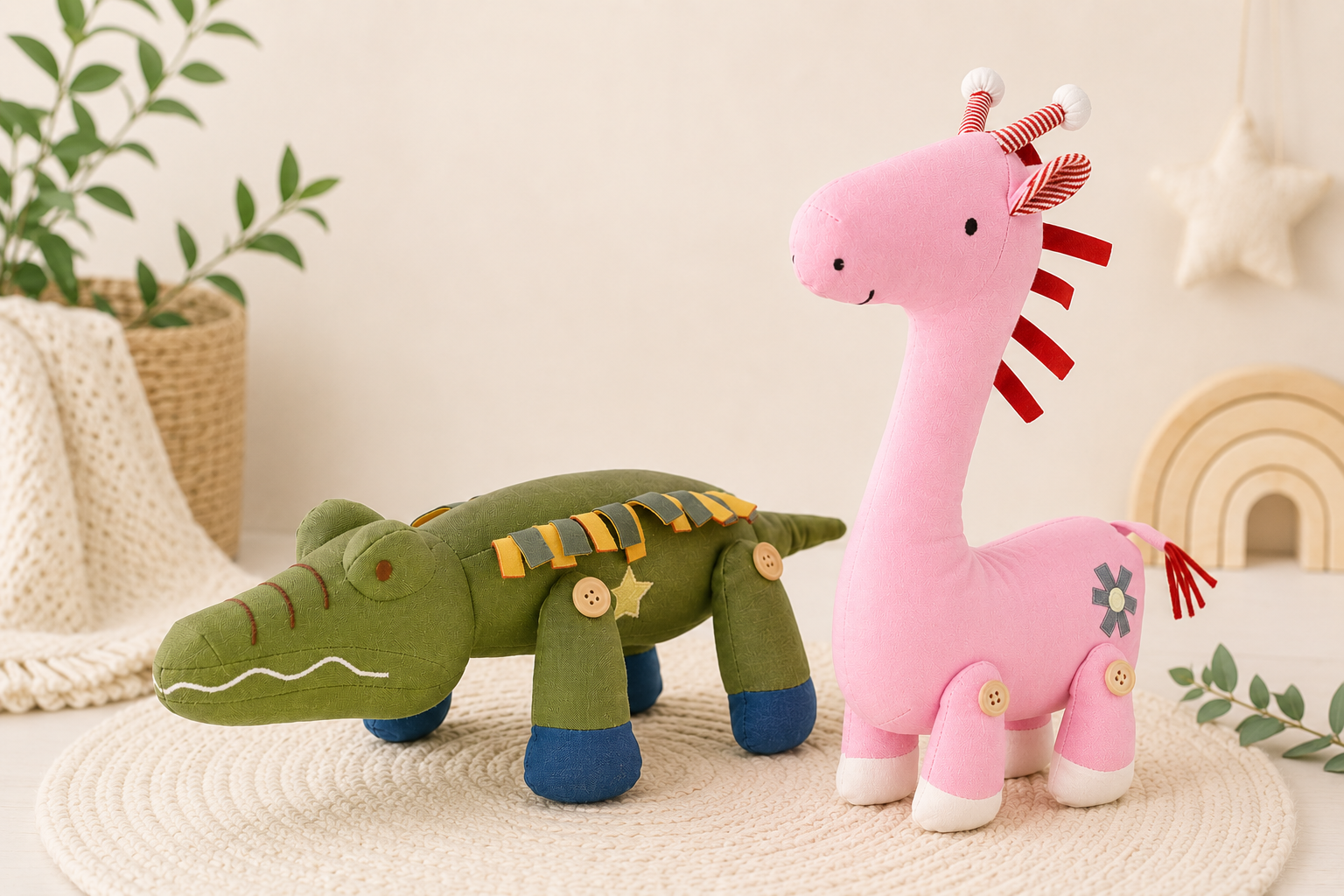 Lily & George Plush Toys - Bloomin Boxes Two stuffed animal toys—a pink giraffe and a green alligator—stand on a circular woven rug in a cozy playroom setting.